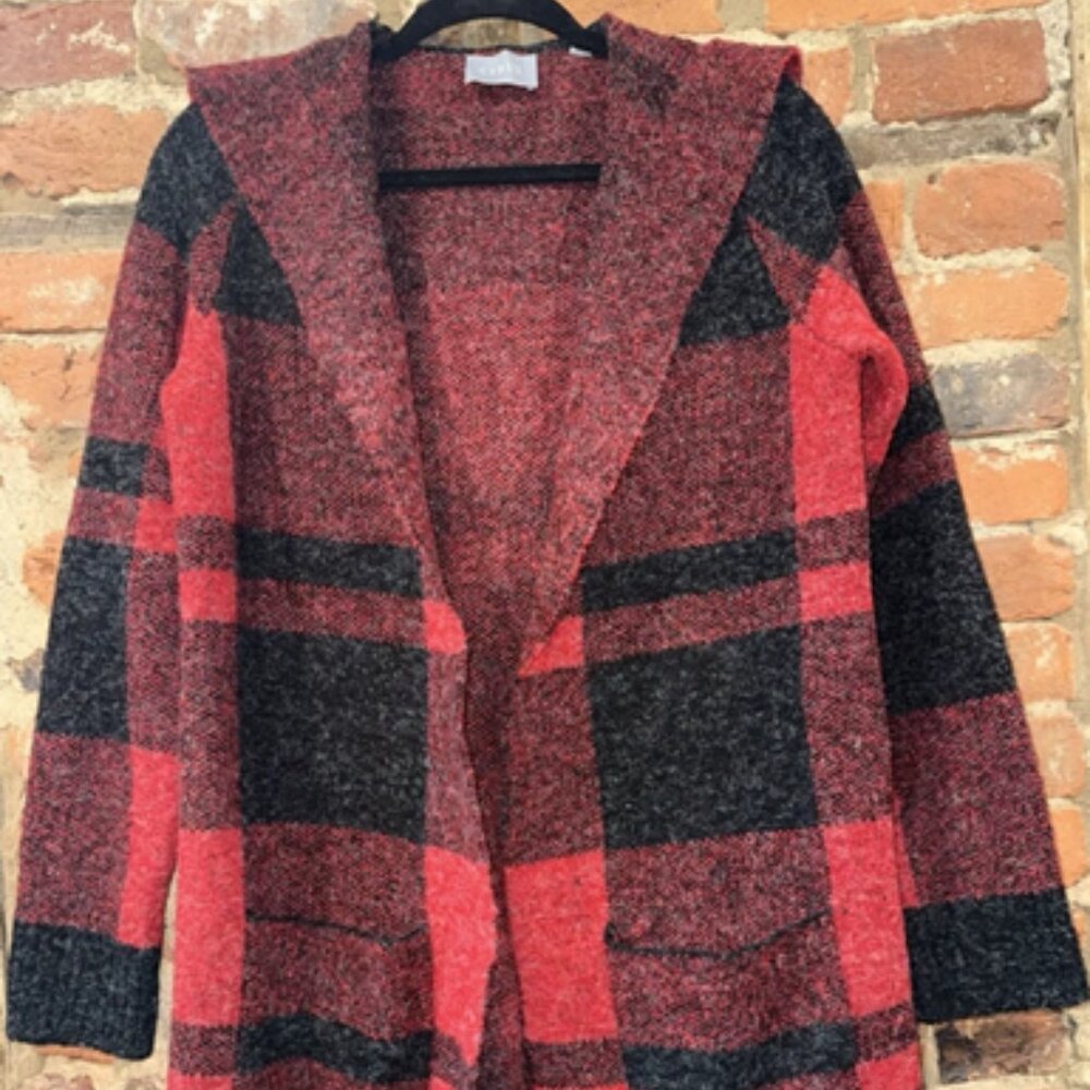 Cyrus Plaid Sweater Cardigan-red/blk or blk/white